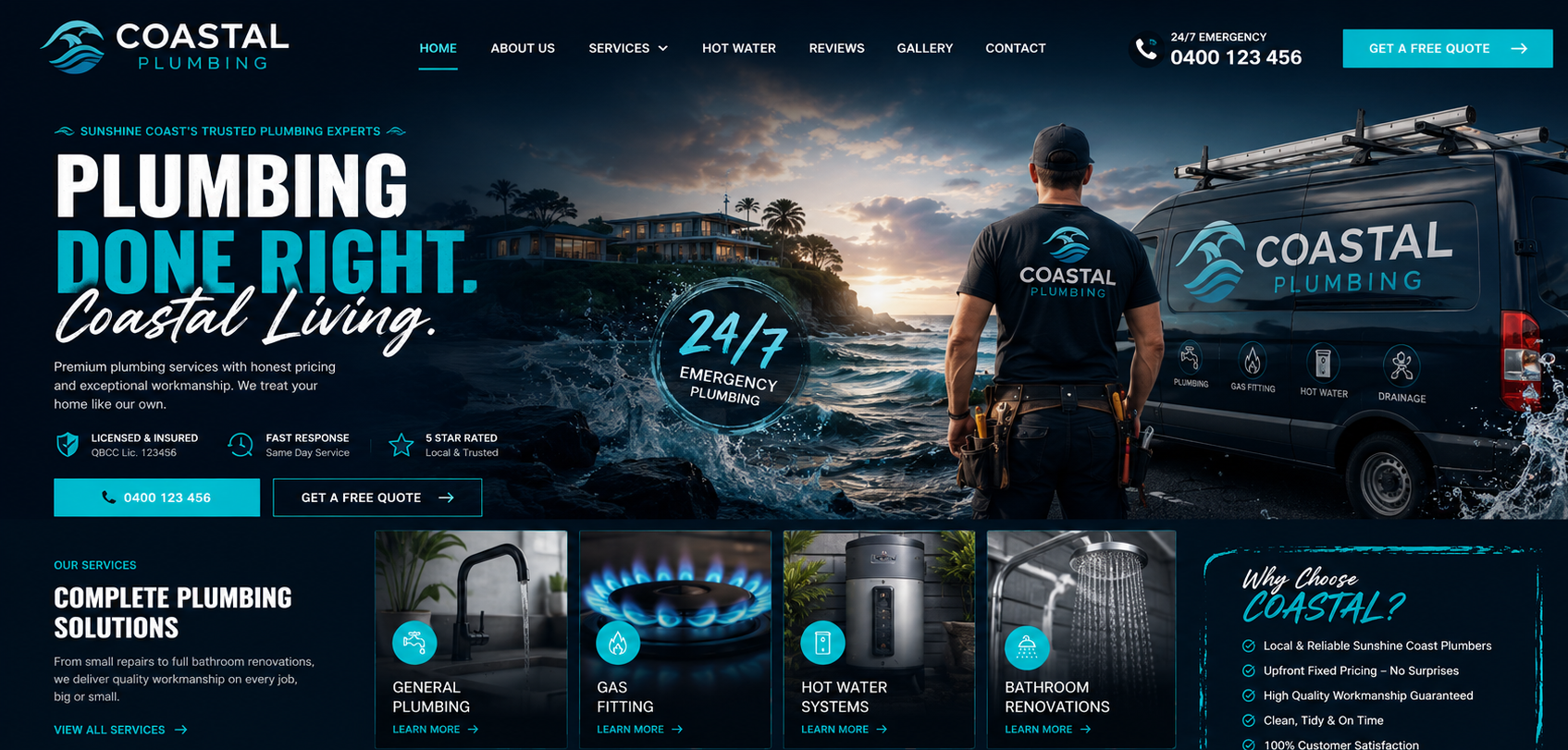 Modern plumbing website after redesign: bold dark design with clear call to action